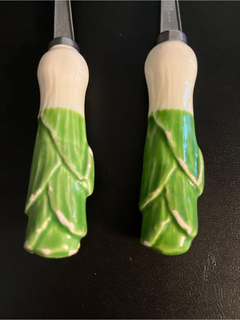 Vintage Shafford Set of salad serving spoon and fork with green ceramic handles